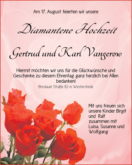 Hochzeitsanzeige von Gertrud Vangerow von NWZ
