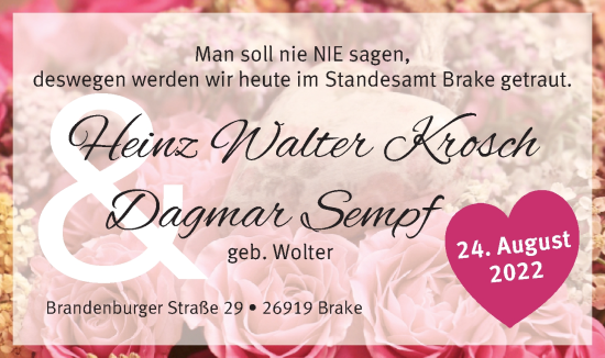 Hochzeitsanzeige von Heinz Walter Krosch von NWZ