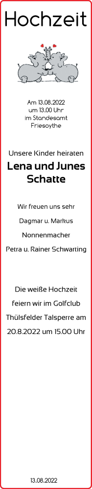 Hochzeitsanzeige von Lena Schatte von NWZ