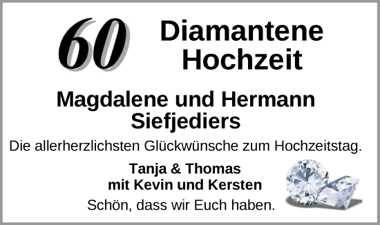 Hochzeitsanzeige von Magdalene Siefjediers von NWZ