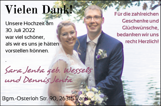 Hochzeitsanzeige von Sara Jenta von NWZ