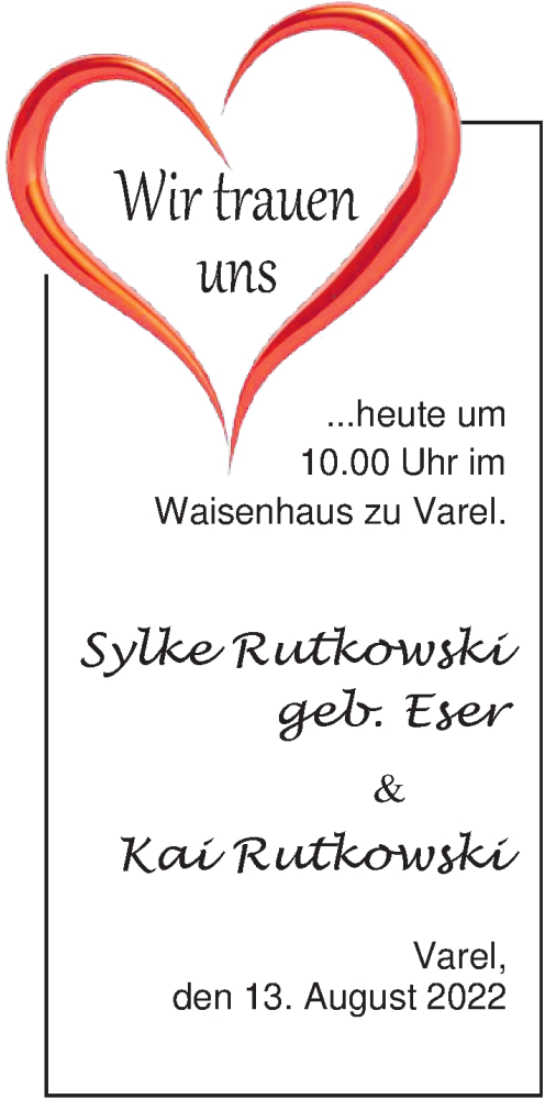 Hochzeitsanzeige von Sylke Rutkowski von NWZ