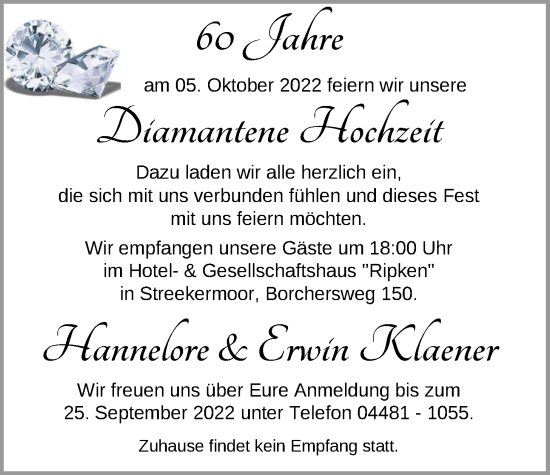 Hochzeitsanzeige von Hannelore Klaener von NWZ