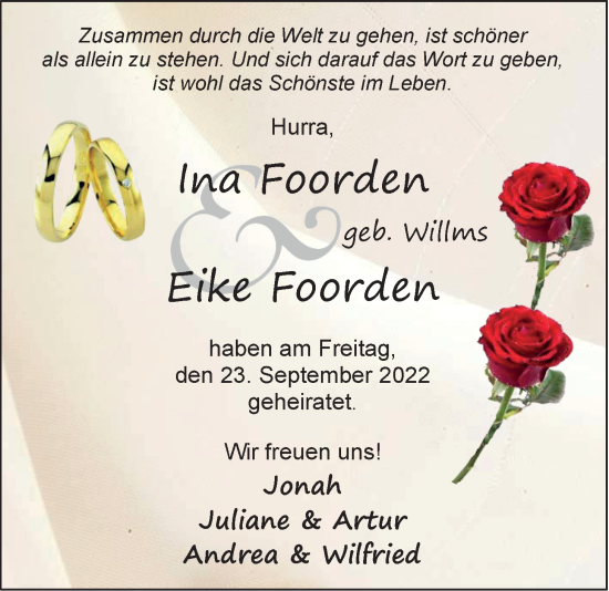 Hochzeitsanzeige von Ina Foorden von EZ