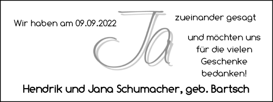 Hochzeitsanzeige von Jana Schumacher von NWZ
