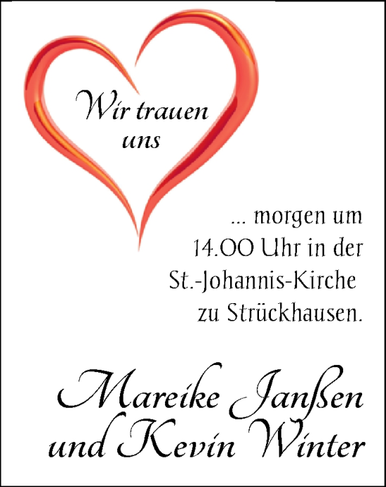 Hochzeitsanzeige von Mareike Janßen von NWZ