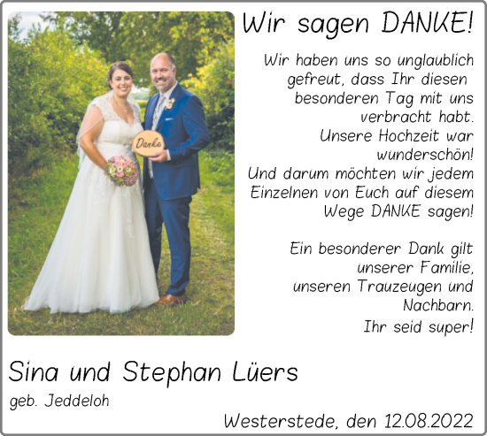Hochzeitsanzeige von Sina Lüers von NWZ