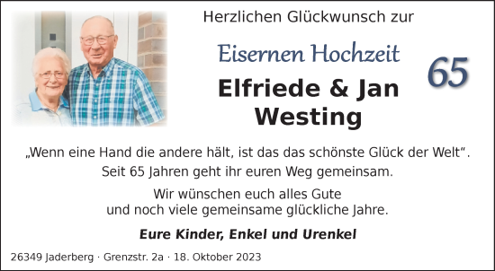 Hochzeitsanzeige von Elfriede Westing von NWZ