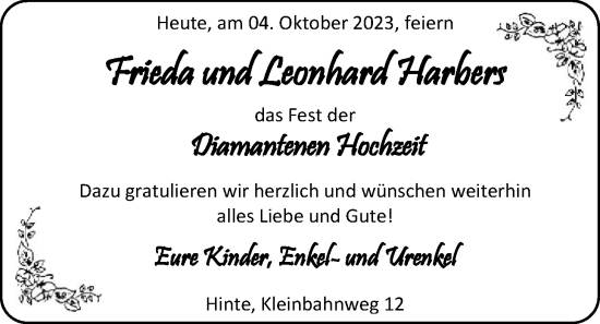 Hochzeitsanzeige von Friieda Harbers von EZ