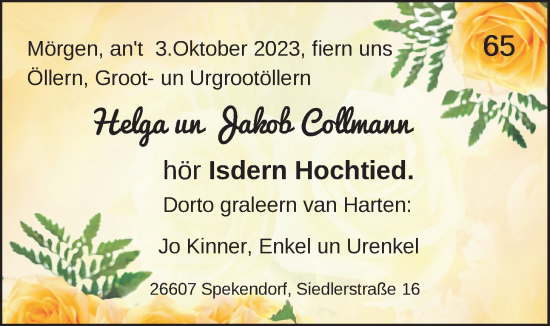Hochzeitsanzeige von Helga Collmann von BM