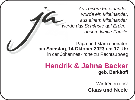 Hochzeitsanzeige von Hendrik Backer von EZ