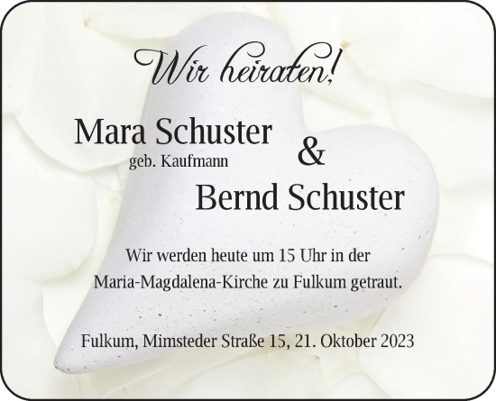 Hochzeitsanzeige von Mara Schuster von BM
