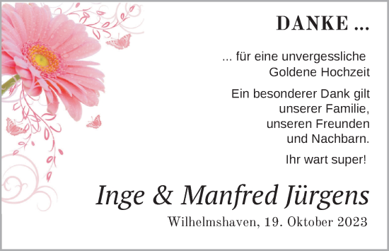 Hochzeitsanzeige von Inge Jürgens von BM