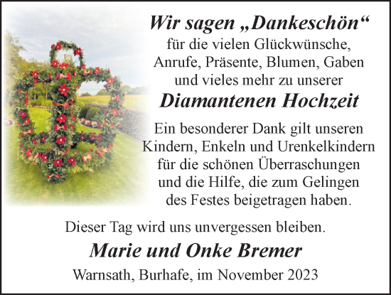 Hochzeitsanzeige von Marie Bremer von BM
