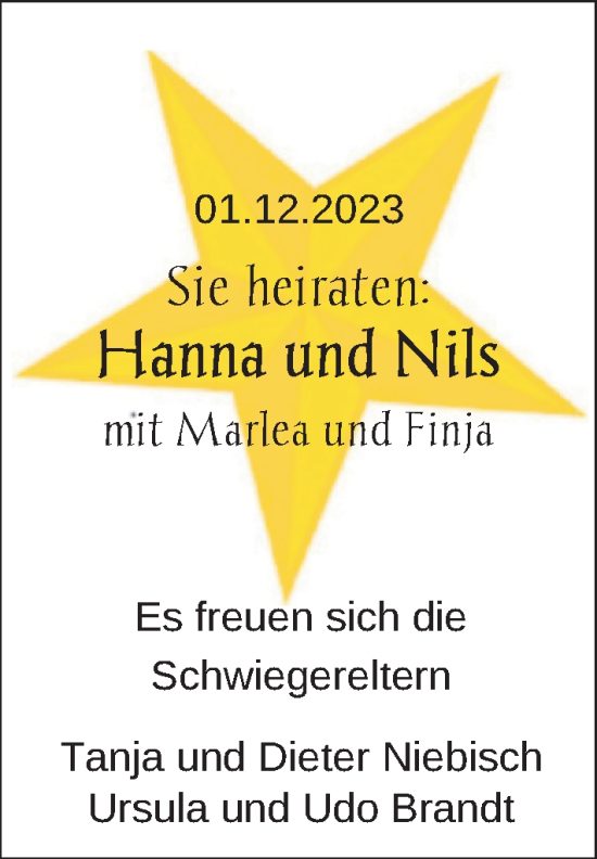 Hochzeitsanzeige von Hanna Niebisch von NWZ