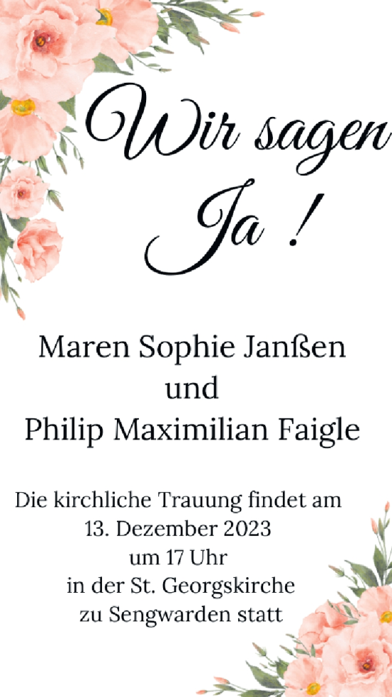 Hochzeitsanzeige von Maren Sophie Janßen von BM