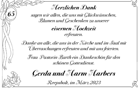 Hochzeitsanzeige von Gerda Harbers von BM