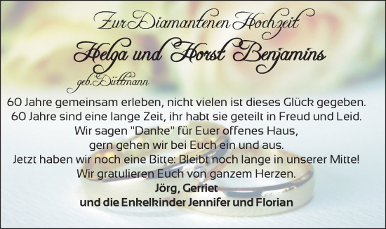 Hochzeitsanzeige von Horst Benjamins von BM