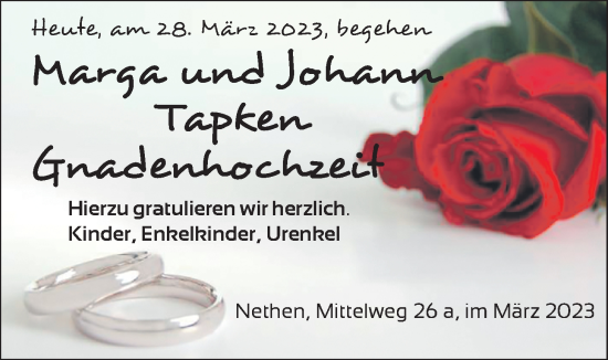 Hochzeitsanzeige von Marga Tapken von NWZ