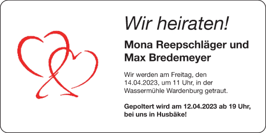 Hochzeitsanzeige von Mona Reepschläger von NWZ