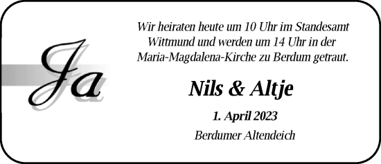 Hochzeitsanzeige von Nils Cassens von BM
