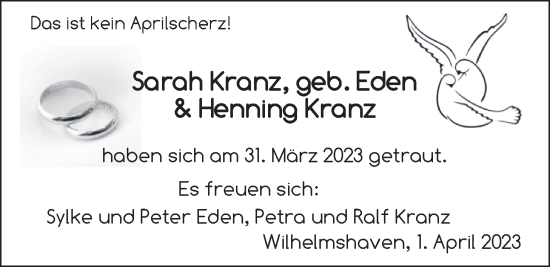 Hochzeitsanzeige von Sarah Kranz von BM