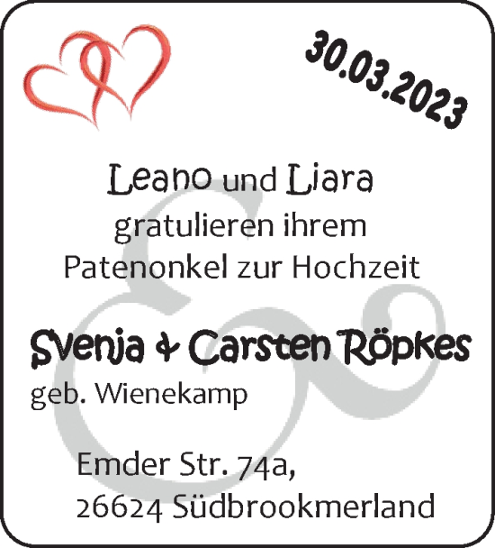 Hochzeitsanzeige von Svenja Röpkes von EZ