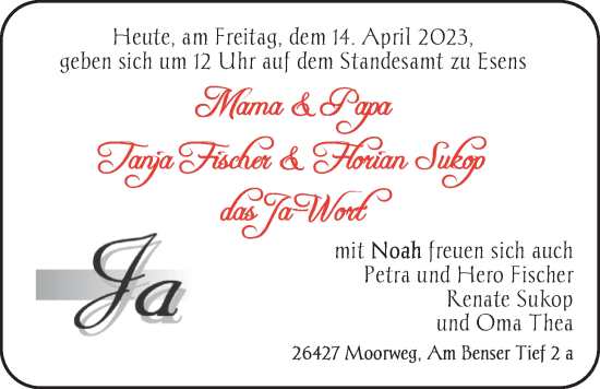 Hochzeitsanzeige von Tanja Fischer von BM