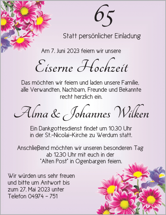 Hochzeitsanzeige von Alma Wilken von BM