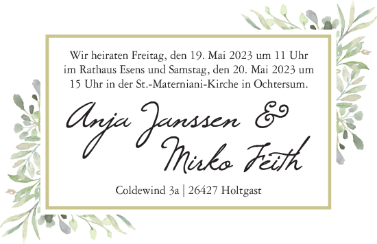 Hochzeitsanzeige von Anja Janssen von BM