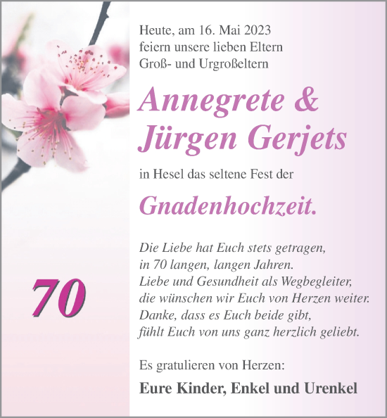 Hochzeitsanzeige von Annegrete Gerjets von BM