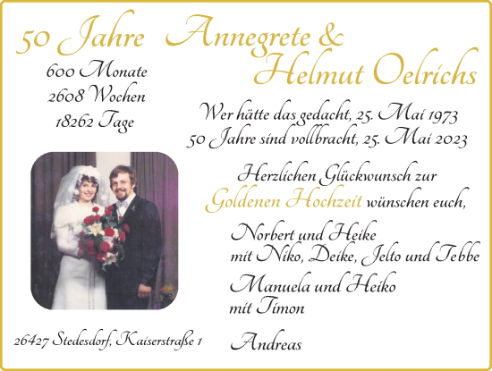 Hochzeitsanzeige von Annegrete Oelrichs von BM