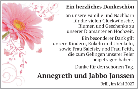 Hochzeitsanzeige von Annegreth Janssen von BM