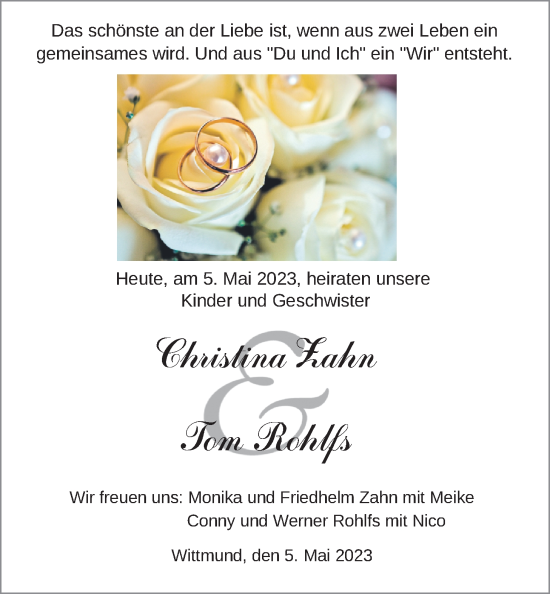 Hochzeitsanzeige von Christina Zahn von BM