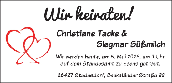 Hochzeitsanzeige von Christine Tacke von BM