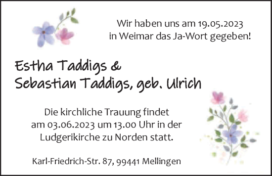 Hochzeitsanzeige von Estha Taddigs von EZ