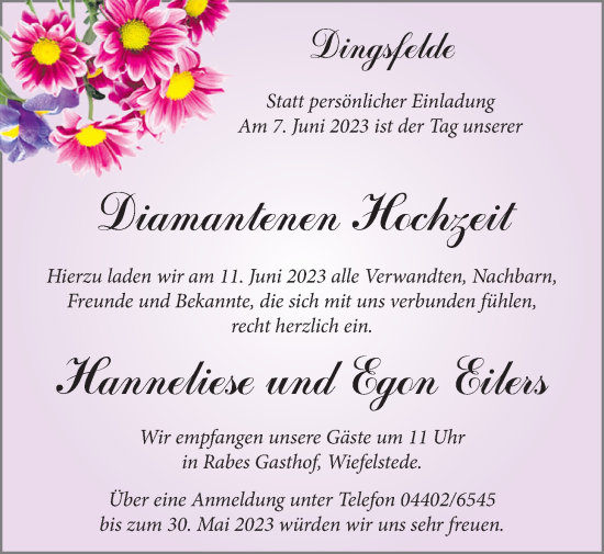 Hochzeitsanzeige von Hanneliese Eilers von NWZ