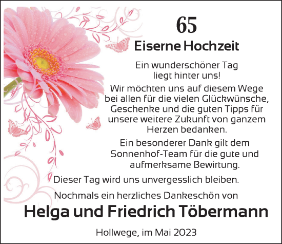 Hochzeitsanzeige von Helga Töbermann von NWZ