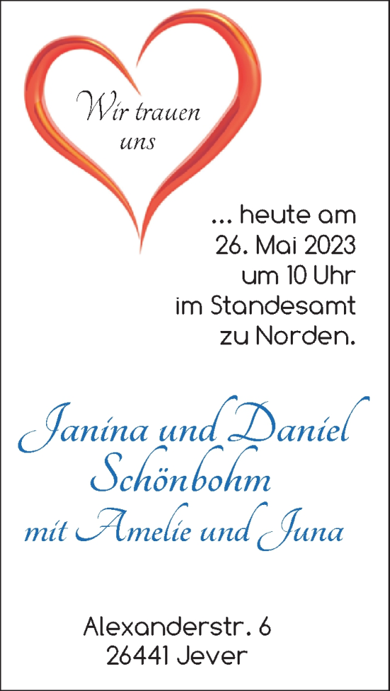 Hochzeitsanzeige von Janina Schönbohm von BM