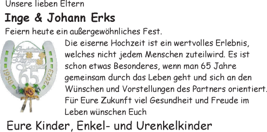 Hochzeitsanzeige von Johann Erks von BM