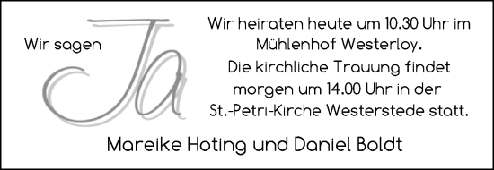 Hochzeitsanzeige von Mareike Hoting von NWZ