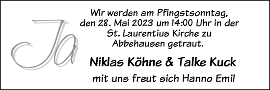 Hochzeitsanzeige von Niklas Köhne von NWZ