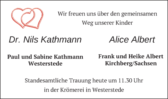 Hochzeitsanzeige von Nils Kathmann von NWZ