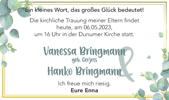 Hochzeitsanzeige von Vanessa Bringmann von BM