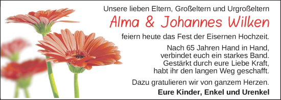 Hochzeitsanzeige von Alma Wilken von BM