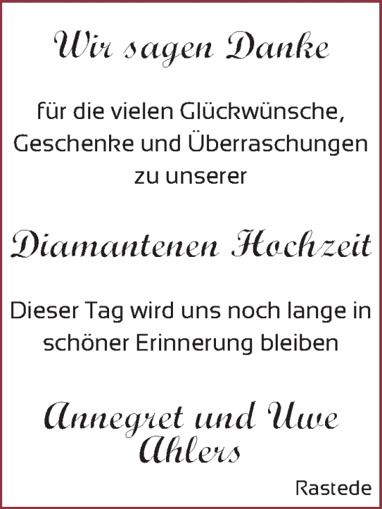 Hochzeitsanzeige von Annegret Ahlers von NWZ
