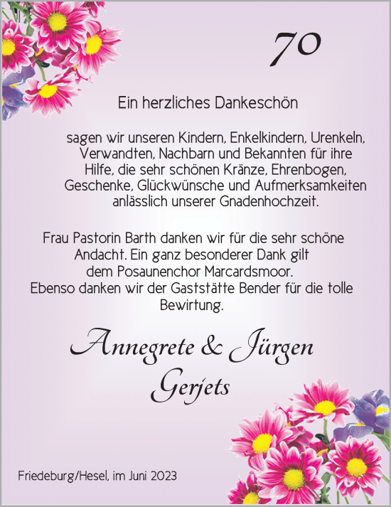Hochzeitsanzeige von Annegrete Gerjets von BM