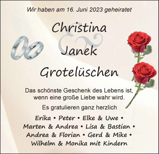 Hochzeitsanzeige von Christina Grotelüschen von EZ