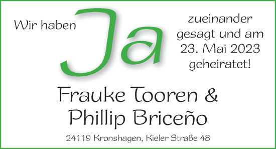 Hochzeitsanzeige von Frauke Tooren von BM