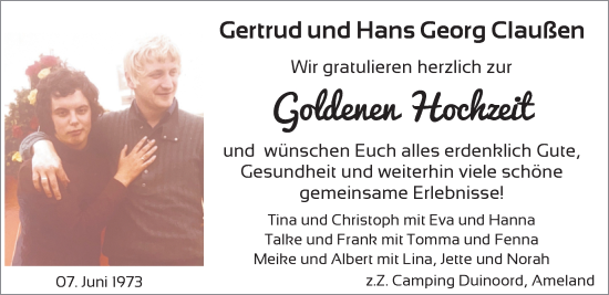 Hochzeitsanzeige von Gertrud Claußen von NWZ